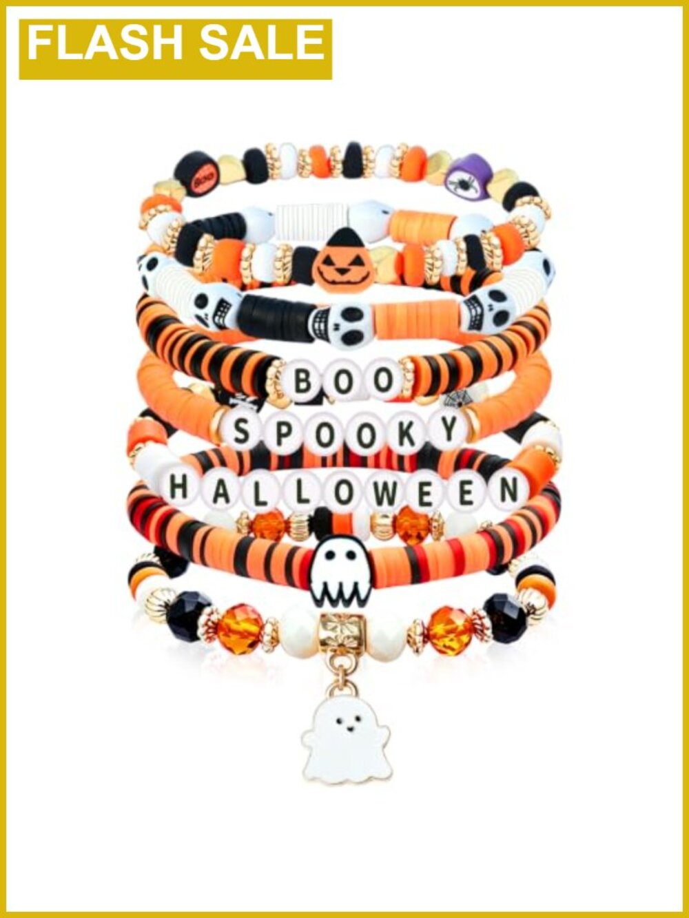 Halloween Beaded Stretch Bracelet Set Ghost Pumpkin Skull Charms Gift